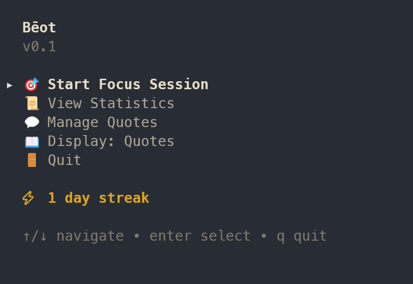 Bēot main menu showing streak and navigation options