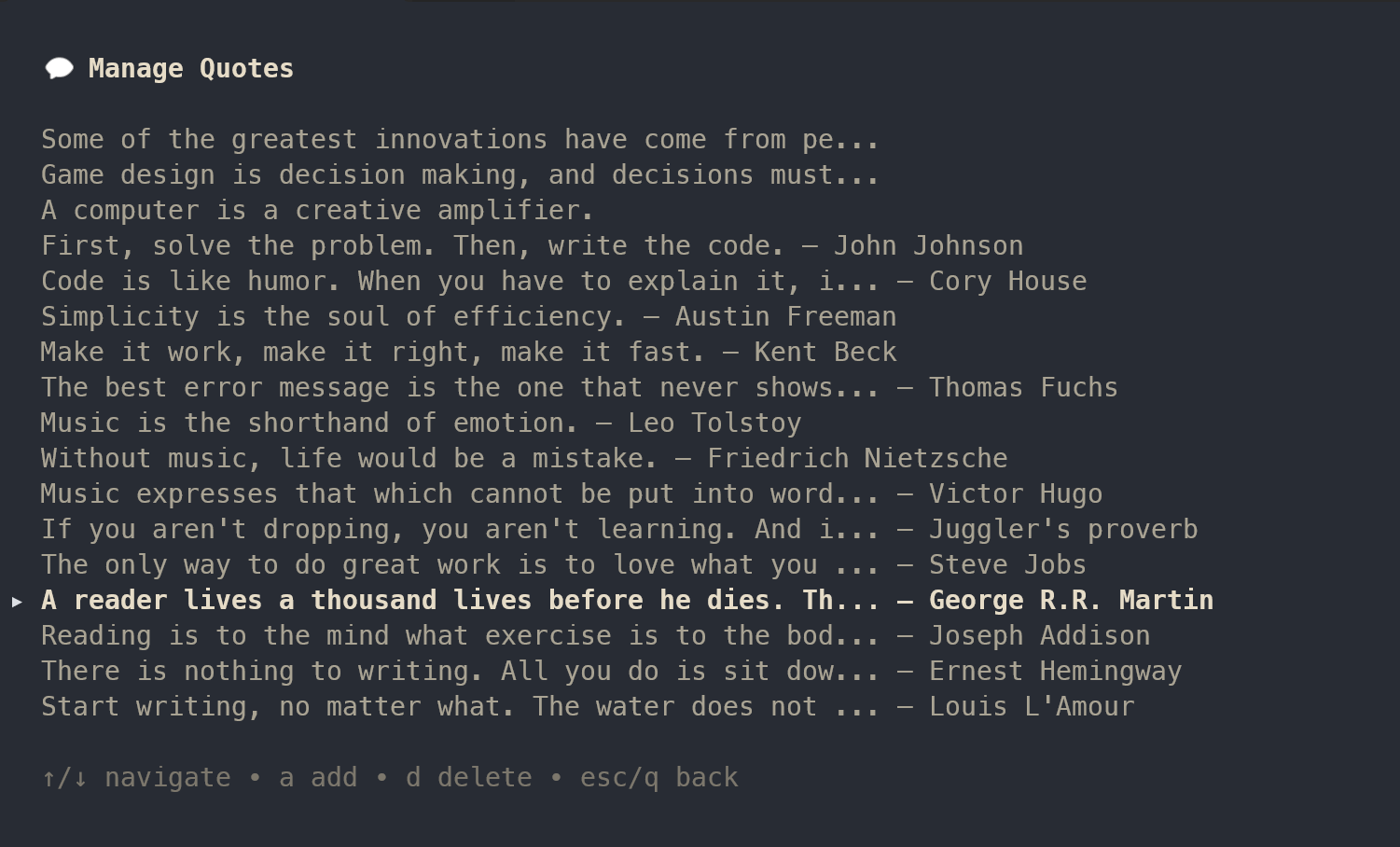 Bēot quote manager showing a collection of inspirational quotes