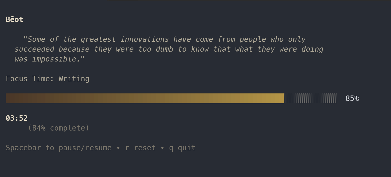 Bēot timer screen showing progress bar, quote, and time remaining